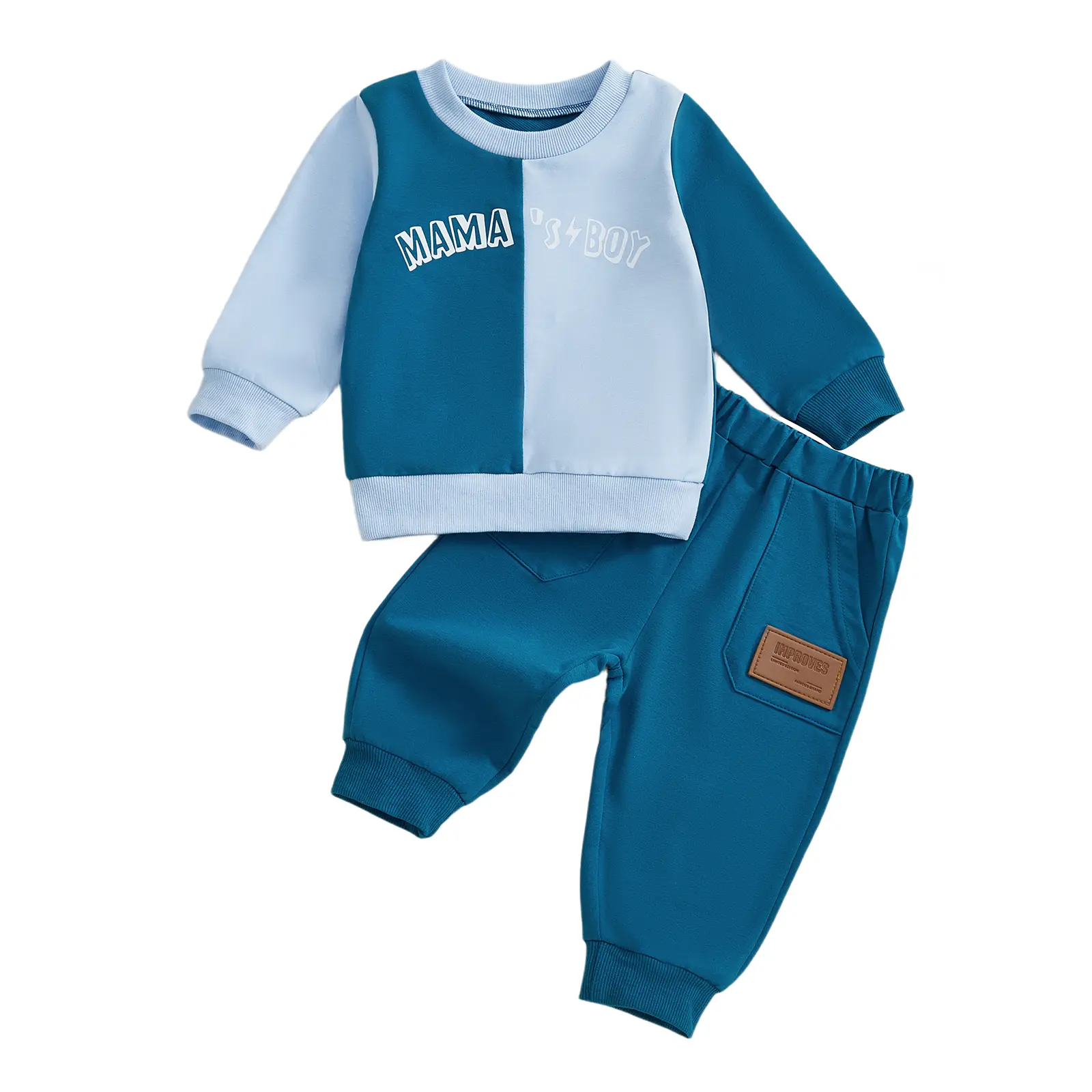REDWOON Toddler Baby Boys Fall Outfits Contrast Color Clothes Mama's Boy Letter Jumper Sweatshirt Solid Elastic Pants Jogger Set 2Pcs Tracksuit