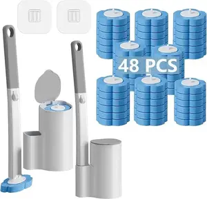 Set of 2 Disposable Toilet Brush & Storage Holder Combos — Extended Handle, Includes 48 Replacement Cleaning Heads; Suitable for Toilet, Bathroom, and Bathtub Cleaning — Blue (Multiple Colors Available)