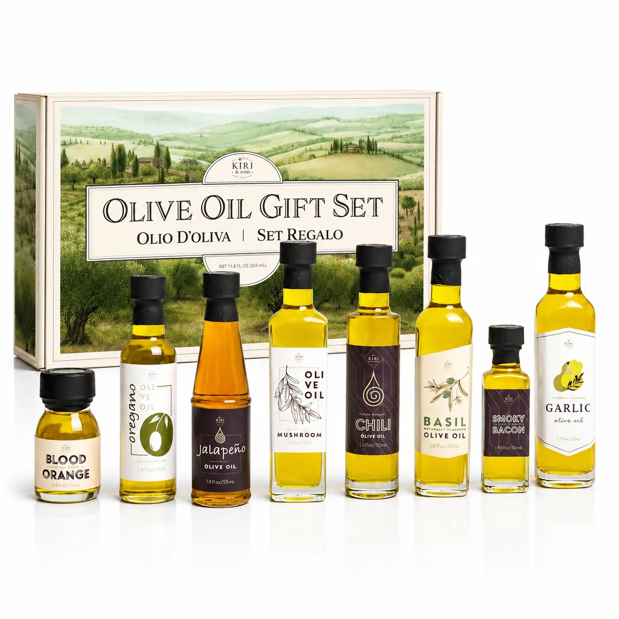 Kiri & Sons Olive Oil Gourmet Sampler Gift Set of 8 - Premium Extra-Virgin Olive Oil Made In Spain, Natural Flavors Include Mushroom, Chili, Garlic, Oregano, Blood Orange, Smoky Bacon, Jalapeno, Basil
