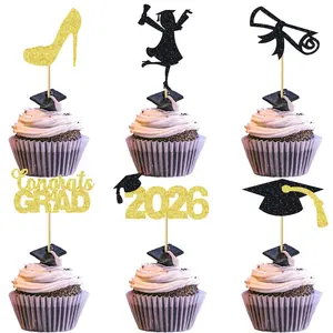 12/24Pcs 2026 Graduation Theme Cupcake Toppers Glitter Women Class of 2026 Graduation Cap Diploma Cupcake Picks 2026 Theme Party Cake Decorations Supplies Cake Decorating Supplies