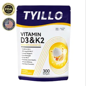 TYILLO Coconut Oil Vitamin D3 & K2 Softgels Up to 10,000 IU D3 + 200 micrograms K2 MK-7 per capsule Immune, joint and heart health support Suitable for adult men and women 300 capsules value pack