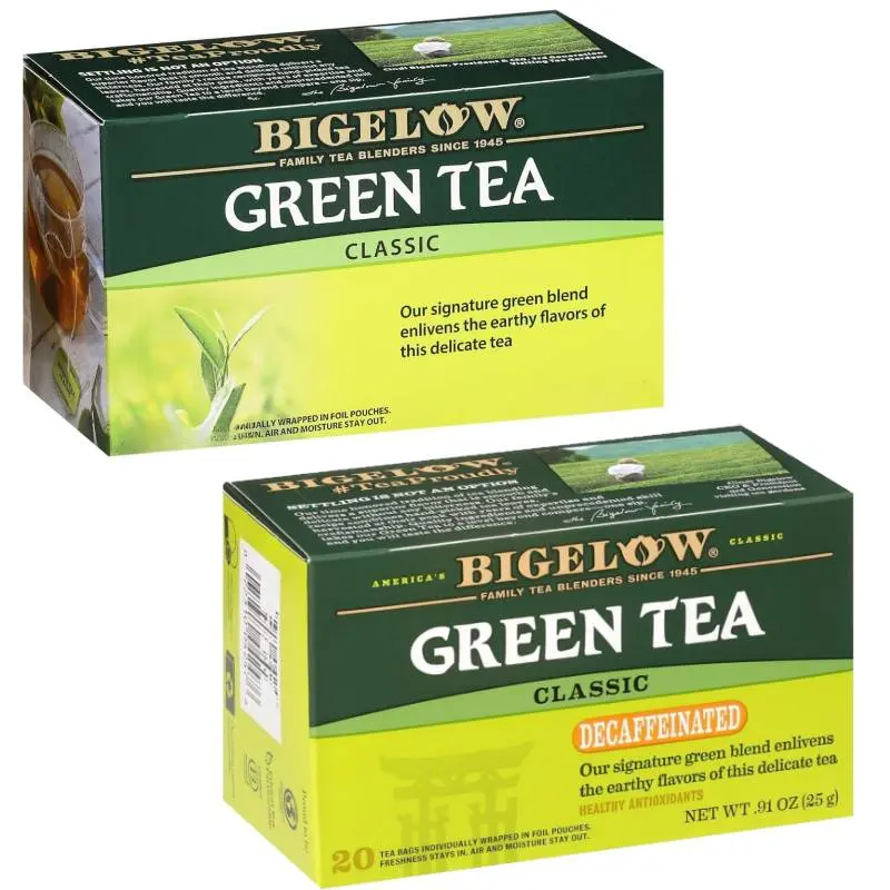 Bigelow Classic Green Tea Duo Pack - 1 Box Caffeinated & 1 Box Decaffeinated - Smooth Delicate Flavor - 20 Bags Each - USA Made - Gluten-Free - Kosher Certified