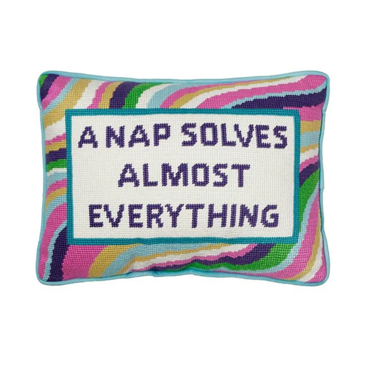 212 MAIN Embroidered Needlepoint Pillow, 10x14 in, Multi-Color, "Nap Solves Almost Everything" Design, Embroidered Detail