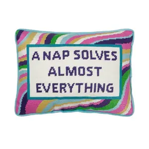 212 MAIN Embroidered Needlepoint Pillow, 10x14 in, Multi-Color, "Nap Solves Almost Everything" Design, Embroidered Detail
