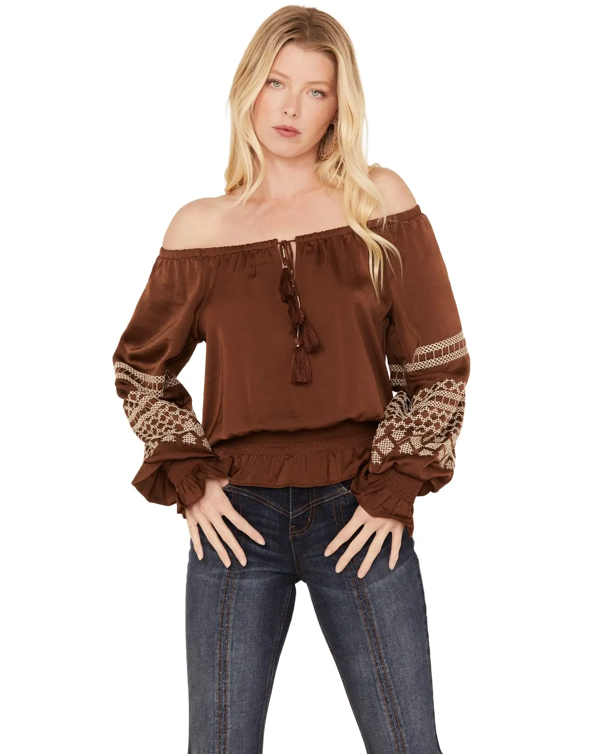 Shyanne Women's Women'S Satin Peasant Embroidered Blouse - Swsp23w91