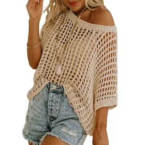 Women's Summer Crochet Tops Scoop Neck Short Sleeve Knit Shirts Casual Hollow Out Pullover Sweater Beach Coverups