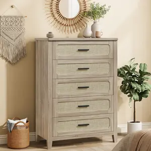 SIKAIC 44-in Tall Rattan Weave 5-Drawer Dresser - Smooth Glide Drawers, Grey Oak Indoor Storage Cabinet for Furniture Cupboards