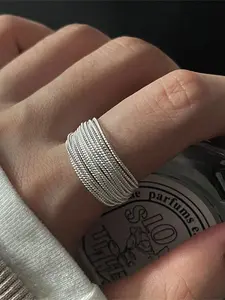 1pc Multi-Layer Braided Silver Color Adjustable Open Ring, Dainty Stackable Band for Women, Streetwear & Date Night Jewelry
