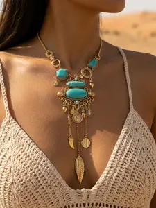 Boho Vintage Feather Coin Pendant Necklace, Retro Chain Print Alloy Jewelry, Beach Vacation Atmosphere Accessory