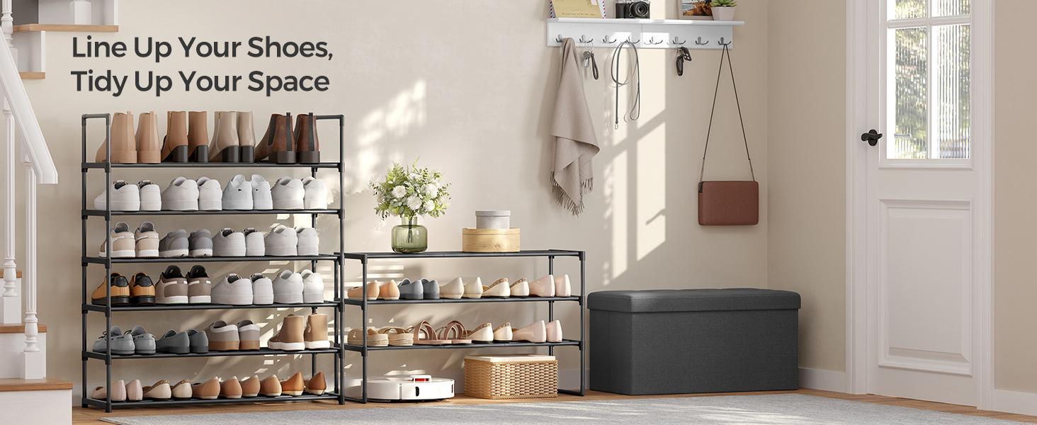 SONGMICS 3-Tier Stackable Vertical Metal Shoe Rack - Single Unit Storage Organizer, Upright/Inverted Entryway Furniture for 16-20 Pairs, Small Room Organizer, 11.8x36.2x21.7 in, Stackable Tiers