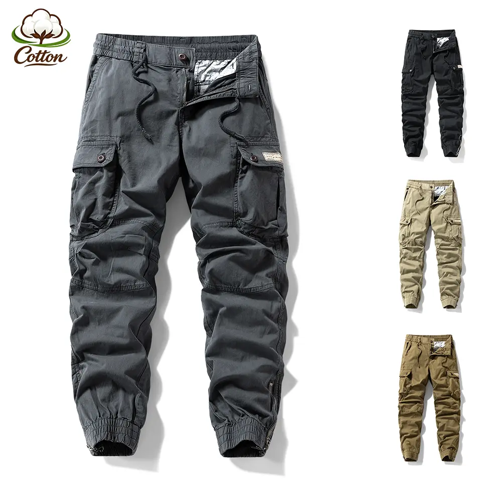 Workwear Multi Storage Flap Pocket Jogger Cargo Pants, All Cotton Drawstring Waist Button Hem Utility Trousers - Comfort Four Tone Mens Camping Quiet Luxury Staple Daily Street Bottoms