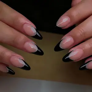 24pcs Almond French Nail Stickers, Glitter Design, Full Coverage Acrylic False Nails Set, Includes Jelly Tape & Nail File