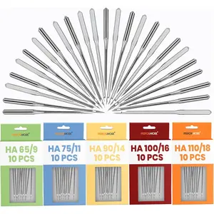50 Pack of Sewing Machine Needles, 5 Assorted Sizes (HA 65/9, 75/11, 90/14, 100/16, 110/18) 10pcs of Each, Universal Regular Point Needles Perfect for Embroidery, Cloth Repair, DIY