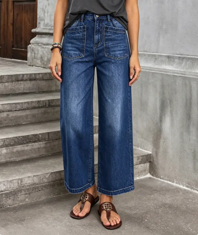 Women's High Waist Dark Wash Cropped Wide Leg Straight Denim Jeans - Double Front Patch Pockets, Loose Fit, Vintage Casual Streetwear Pants, Womenswear Bottoms