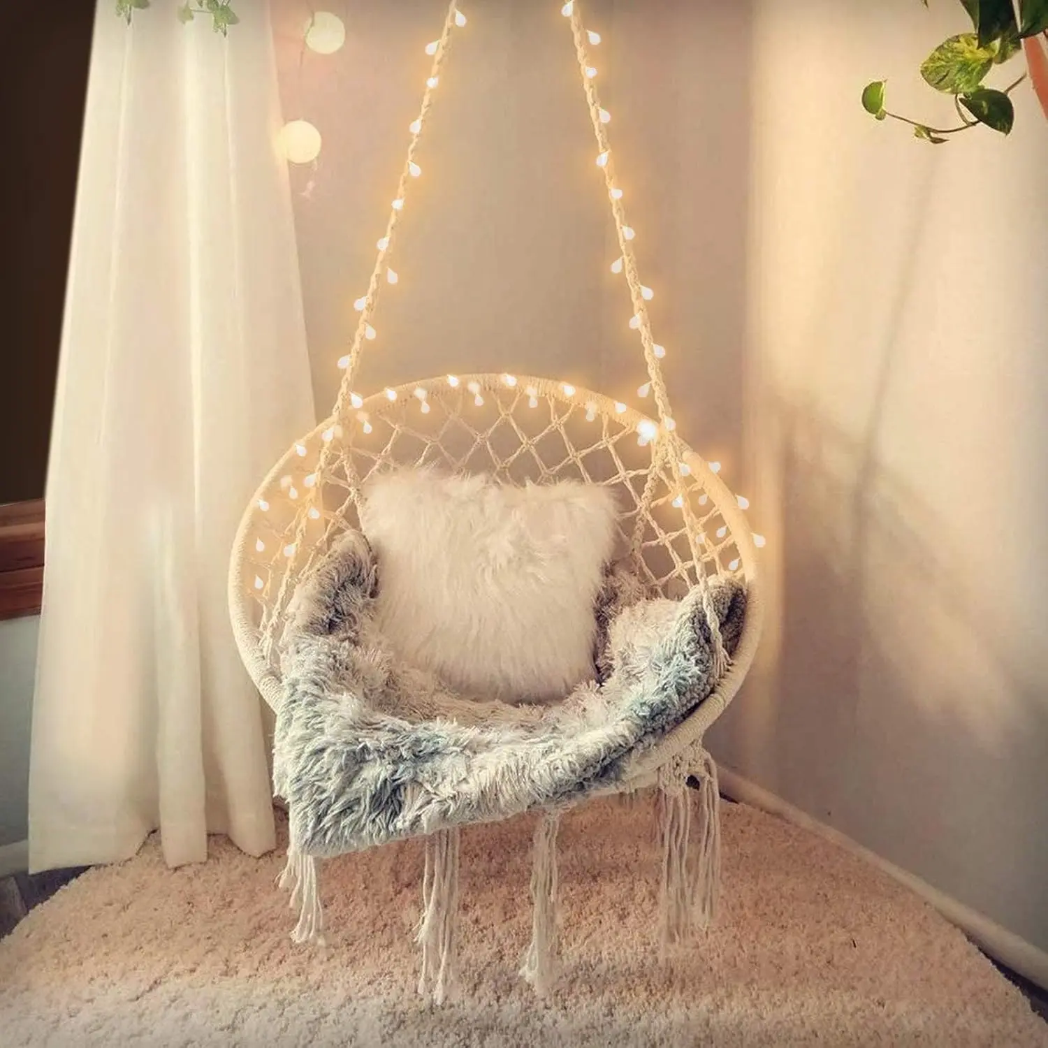 Hanging Chair for Bedroom Hammock Chair Swing with Lights and Hardware Kits Holds Up to 550Lbs Macrame Swing Chair Hanging Cotton Rope Swing Chair for Bedroom, Patio, Deck, Garden and Porch-