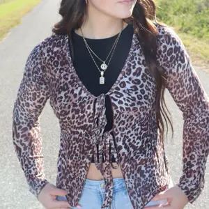 Sheer Cheetah Print Long Sleeve Shirt with Tie Front and V-Neckline for Women