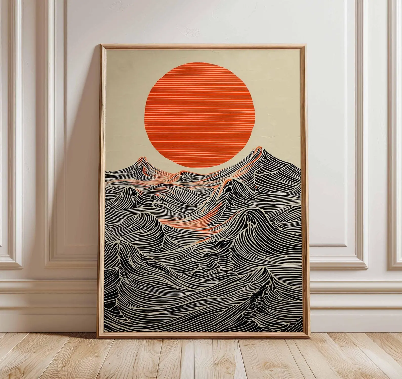 Sun and Waves Wall Art Print – Modern Minimalist Ocean Poster, Abstract Japanese Style Artwork, Bold Contemporary Home Decor