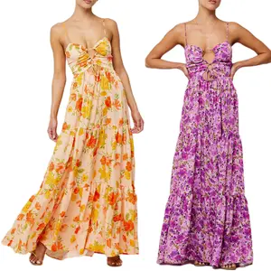 Women Ladies Girls Multicolor Beach Long Dress Sleeveless Spaghetti Strap Cross Tie-up Front Floral Print Flowy Dress Maxi Slip Dress