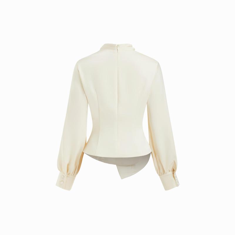 Cider Satin V-neck Long Sleeve Wrap Ruched Metal Detail Blouse