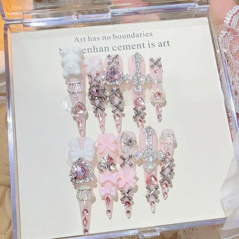 Pink Jirai Kei Cute Long Handmade Press On Nails Shibuya Gyaru Bow Heart Cross Diamond Stiletto Fake Nails Crown Nail Art Y2K