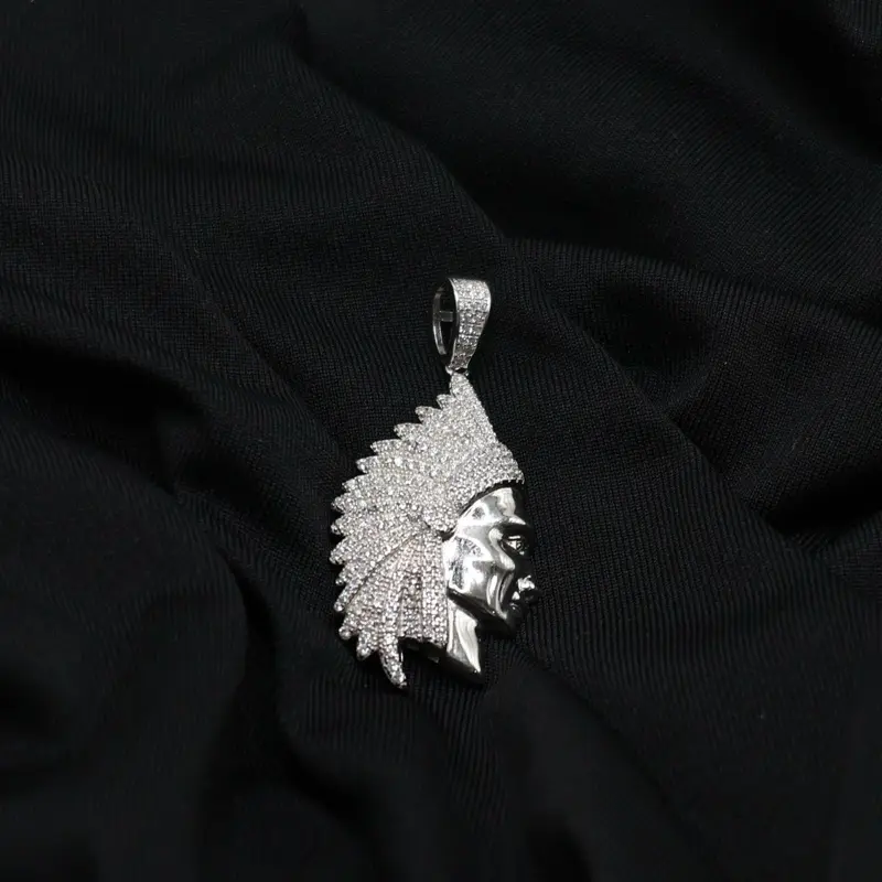925 Silver Indian Head Pendant with Rhinestones for Men and Women