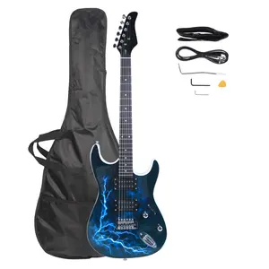 Lightning Style Electric Guitar, Full Size, with Power Cord, Strap, Bag, Picks, Lightweight Black and White Electric Guitar for Beginners