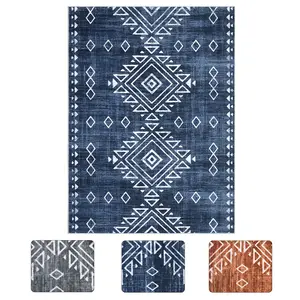 8x10 ft Polyester Area Rug, Blue Rectangular Bohemian Look Geometric Printed Foldable Washable Surface Rug for Hallway/Bathroom