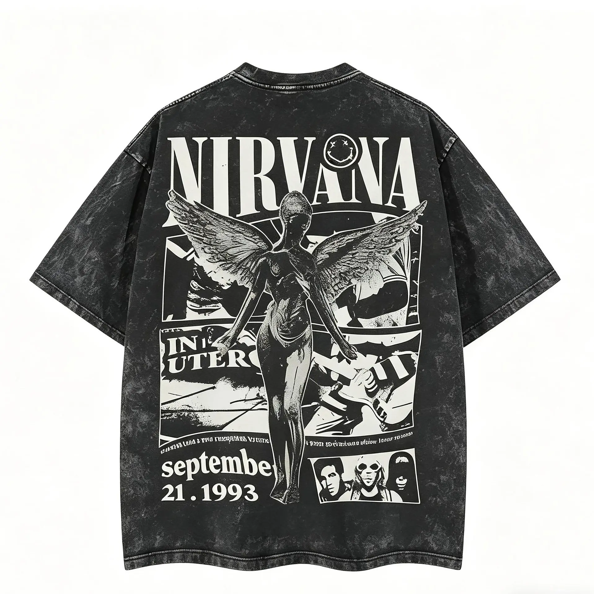 Men's Oversize Retro Limited Nirvana Band Tour 2-Sided Washed Heavyweight Cotton Graphic Tees, Unisex Vintage Rock Band T Shirt, Classic Streetwear Top Gift for Rock Music Lovers