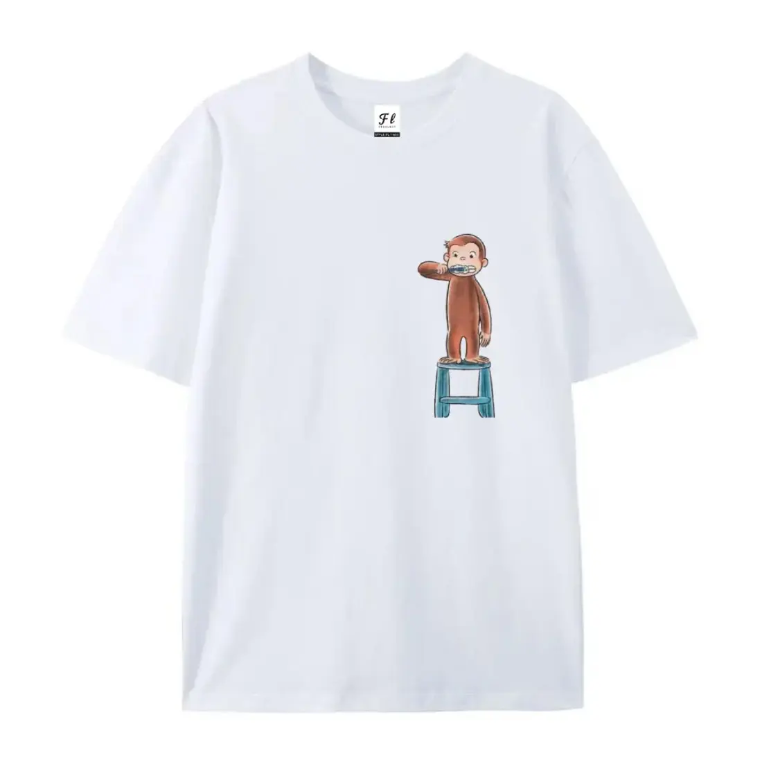 Vintage Curious George Brushing Teeth Graphic T-Shirt, Funny 90s Nostalgic Cotton Top, Minimalist Aesthetic Casual Shirt, Oversized Cute Retro Cartoon Streetwear Tee,Unisex Classic Cartoon Fan Outfit For Men Women 90s Childhood Nostalgia Anime Fan Apparel