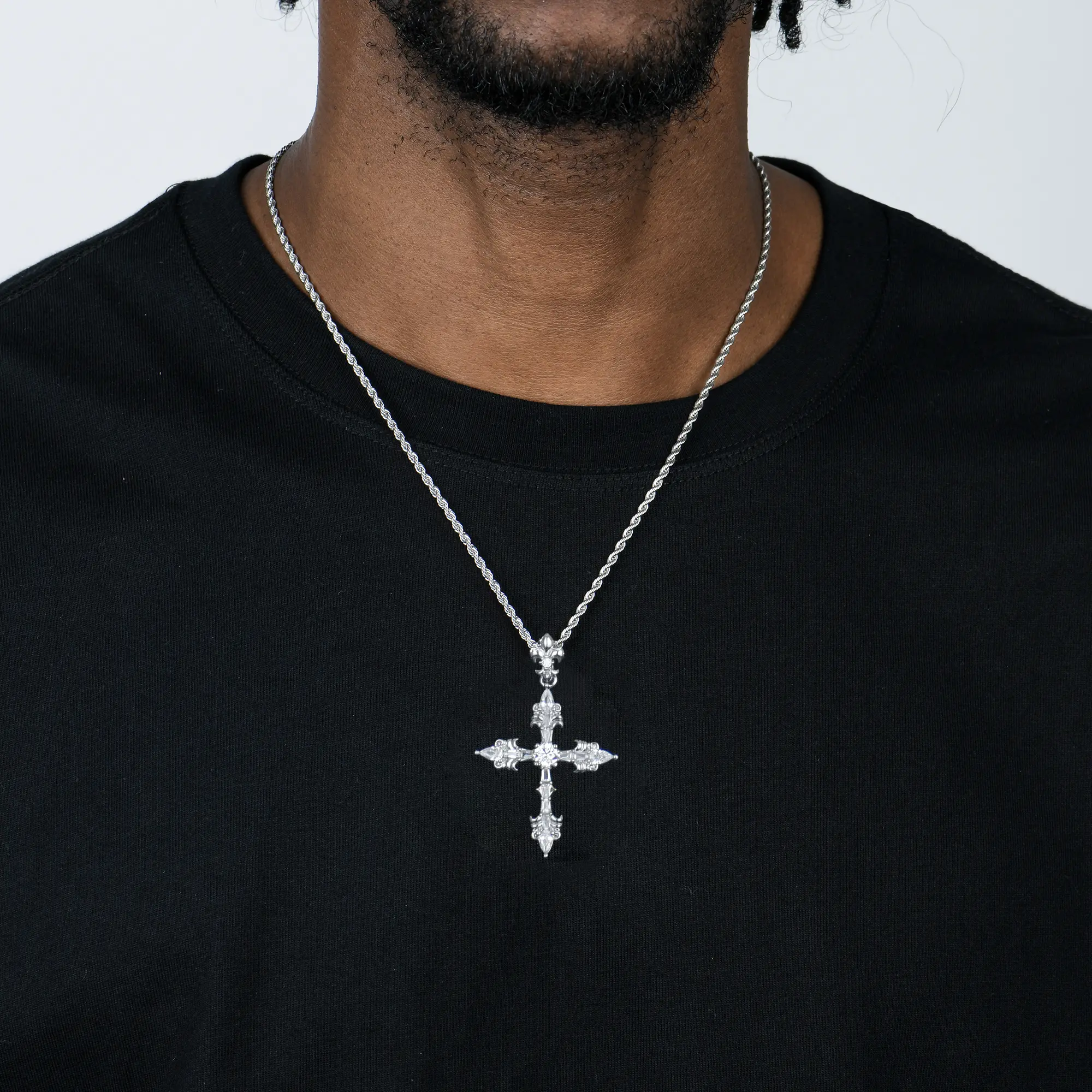 APORRO Modern Essentials Fleur Cross Pendant & Rope Chain Set | Iced CZ Cross Necklace - Jewelry Gift
