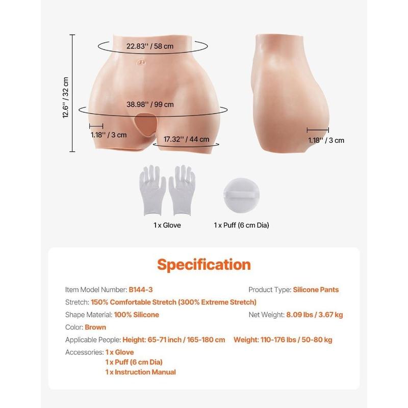 VEVOR Silicone Butts, 100 Silicone Hip Enhancer Shapewear Panty, Fake Buttock Enhancers Pants for Crossdresser, Transgender, Cosplay, Drag Queen (Brown)