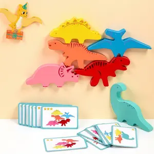 Montessori Dinosaur Stack & Match Toy Set, Wooden Block, Colorful Building Blocks with Pattern Cards, Enhances Fine Motor Skills, Balance, Logic, Creativity