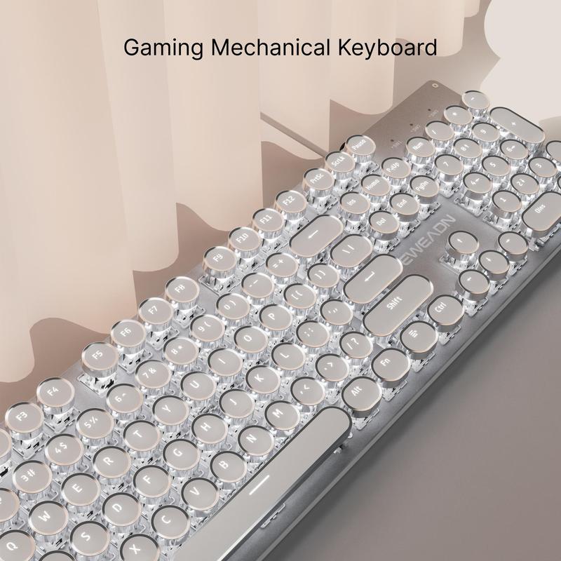 EWEADN TK100 Punk Typewriter Mechanical Gaming Keyboard, Mechanical Keyboards, All-metal Panel 104Keys Wired Retro Punk Keyboard, with White Backlit USB Wired Keyboard