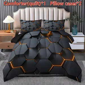 3-Piece Bedding Set, Hexagon Pattern Quilted Blanket Combo (1 Quilt + 2 Pillowcases), Soft Breathable, Digital Print, Suitable for Bedroom Dorm Home Use