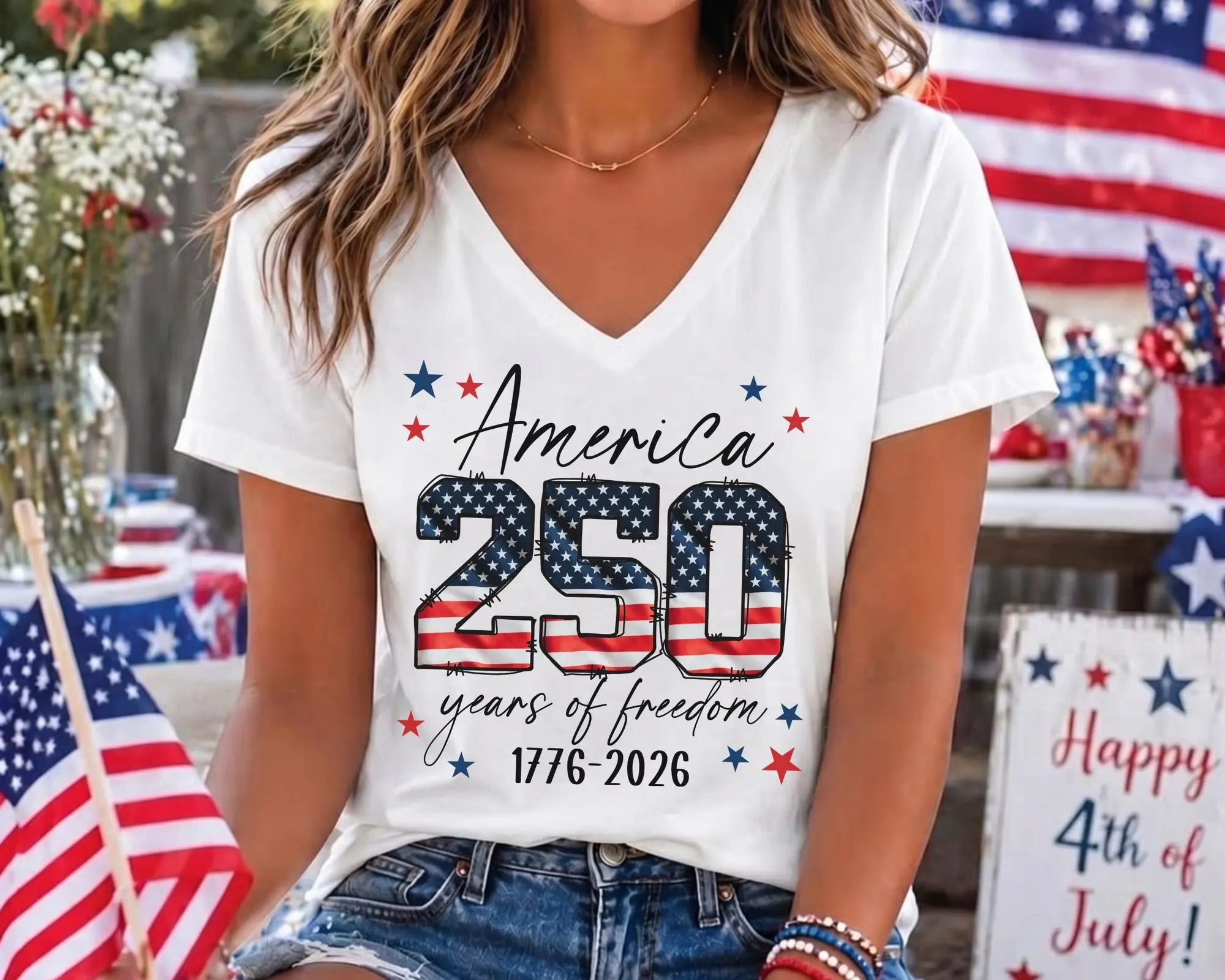 250th Anniversary of America Women V-Neck Shirt, America Independence Day V-Neck Tee, Patriotic Family Matching Shirt, 4 of July VNeck Tee