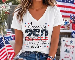 250th Anniversary of America Women V-Neck Shirt, America Independence Day V-Neck Tee, Patriotic Family Matching Shirt, 4 of July VNeck Tee