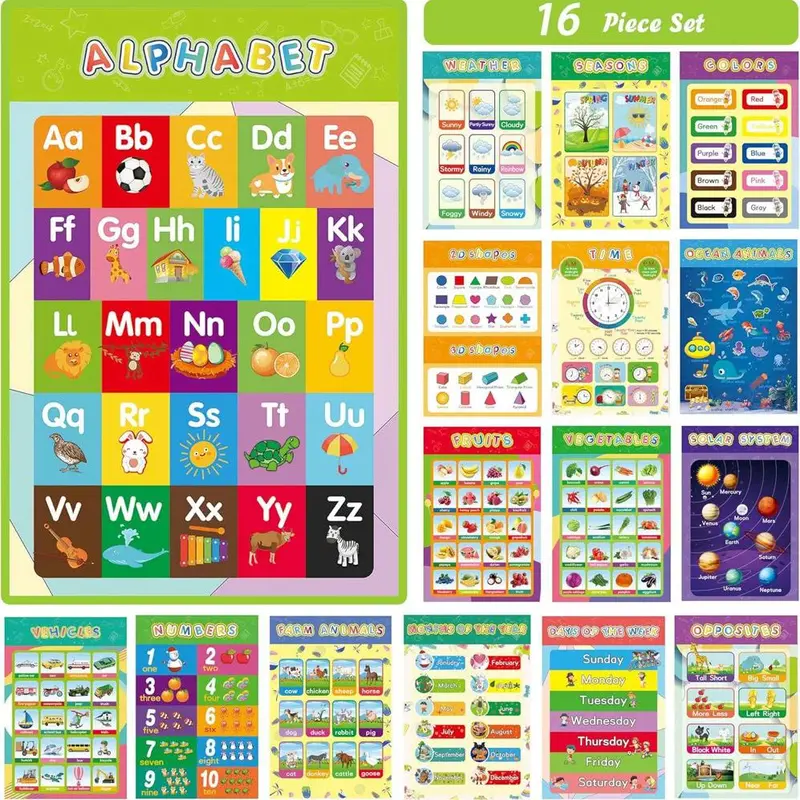16 Pcs Bright Laminated Educational Posters for Kids - Visual Learning Tools, Kindergarten Charts, School Supplies, Alphabet, 2D & 3D Shapes, Addition, Math, Weather, Solar System, Farm Animals, Days of the Week, Seasons, Wall Decor, Homeschool Tool