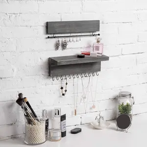 Ash Gray 2-Piece Wood Jewelry Organizer with 12 Hooks, Wall Mounted Bracelet & Necklace Bar and Shelf