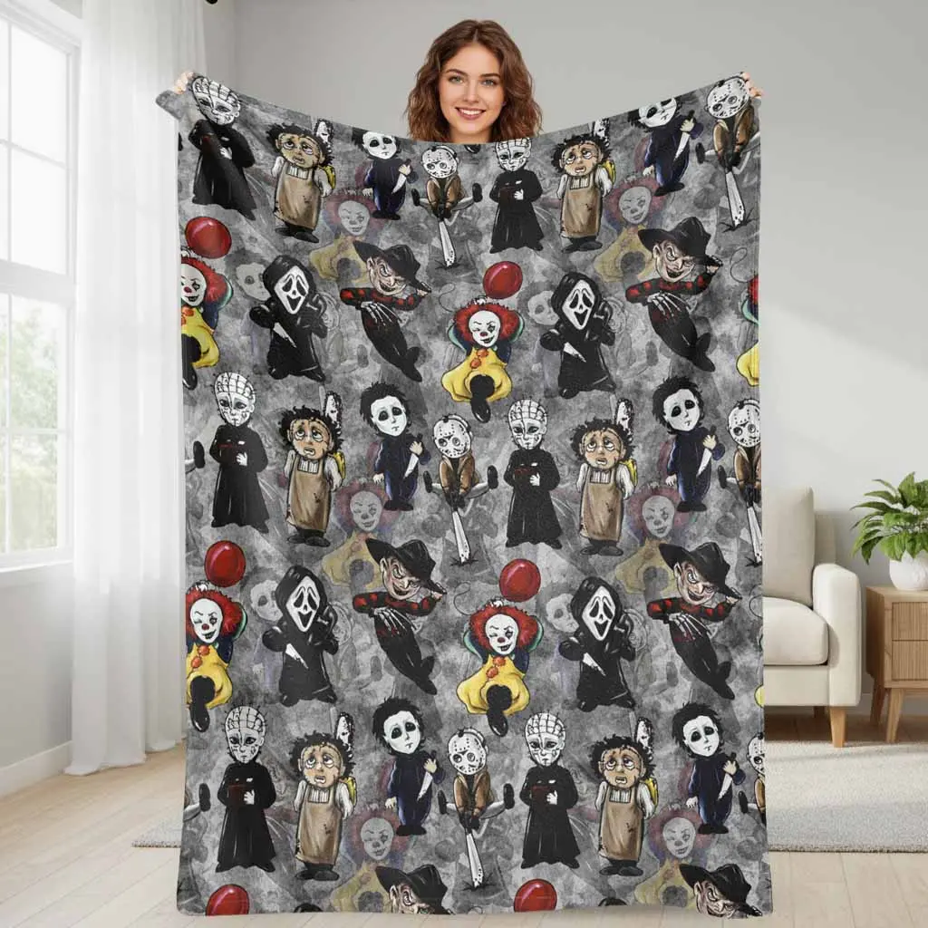 Horror Movie Characters Flannel Blanket Chibi Villain Print Pattern Super Soft Lightweight Plush Throw Cozy Bed Sofa Cover Warm Fleece Bedding Decor For Halloween Party Living Room Office Bedroom Travel Gifts