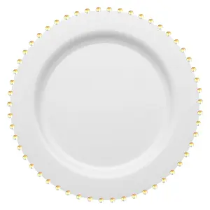 White with Gold Pearl String Round Disposable Plastic Salad Plates (7”)