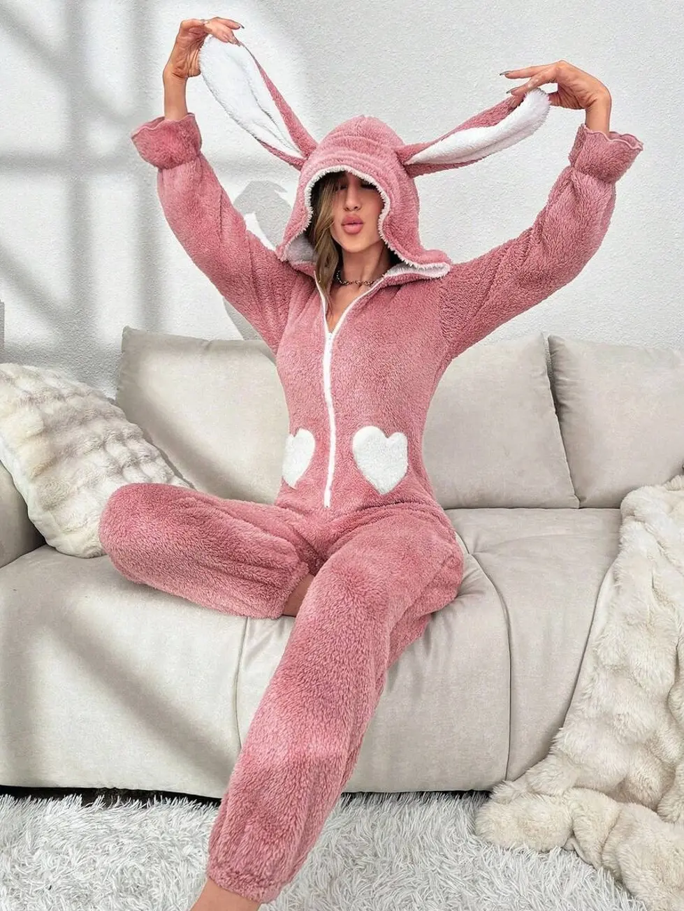 Pink Heart Pattern Hooded Flannel Sleep Jumpsuit with 3D Ear Accents