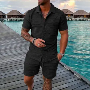 Stand Out | Men's 3D Wavy Textured Camp Collar Set - Black Streetwear Essential