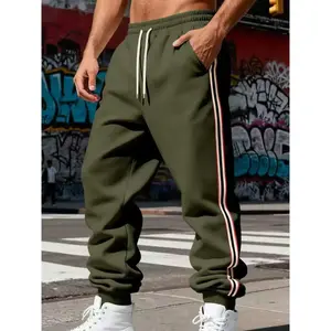 Men's fleece and thickened side striped sports trousers - soft comfy sweatpants, street trend casual loose tight-fitting trousers with drawstrings, suitable for daily wear in gyms, street fashion occasions, men's autumn and winter sweatpants