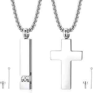 FLORIDECO 2 Pcs Stainless Steel Urn Necklaces for Ashes Cremation Memorial Cross Cube Pendant with Cubic Zirconia Inlaid Keepsakes Necklace Length 56CM Daily Exquisite Chain Jewelry