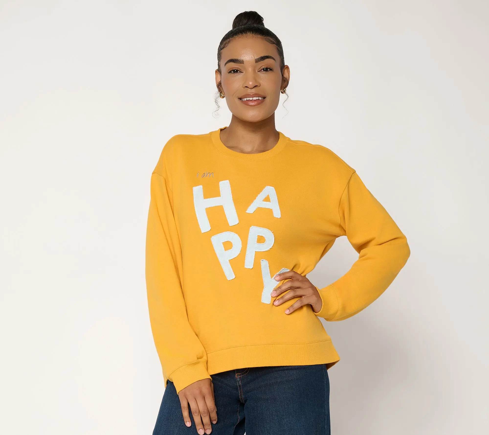 Peace Love World Terry Crewneck Sweatshirt with Denim Applique