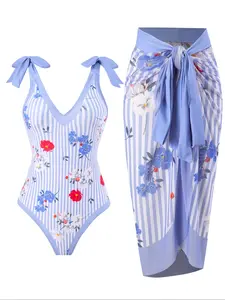 Women's Reversible Blue Print One-Piece Swimsuit with Matching Apron Set, Fashion Beachwear, Tummy Control Slimming Swimwear, Floral Print Swimsuit, Casual Fitted Swimwear