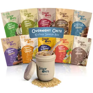 Dozy Overnight Oats 10-Pack Sampler Box with Jar - 10 Popular Flavors - Gluten Free, Protein & Fiber - Apple Cinnamon, Cherry Chocolate, Mango Coconut