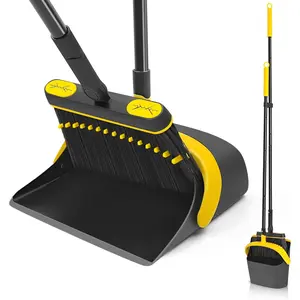 Broom and Dust Pan, 54.3 inches Long Handle Swivel Brush, Upright Foldable Dustpan with Comb  for  Kitchen Lobby Indoor Floor Cleaning (Black & Yellow)