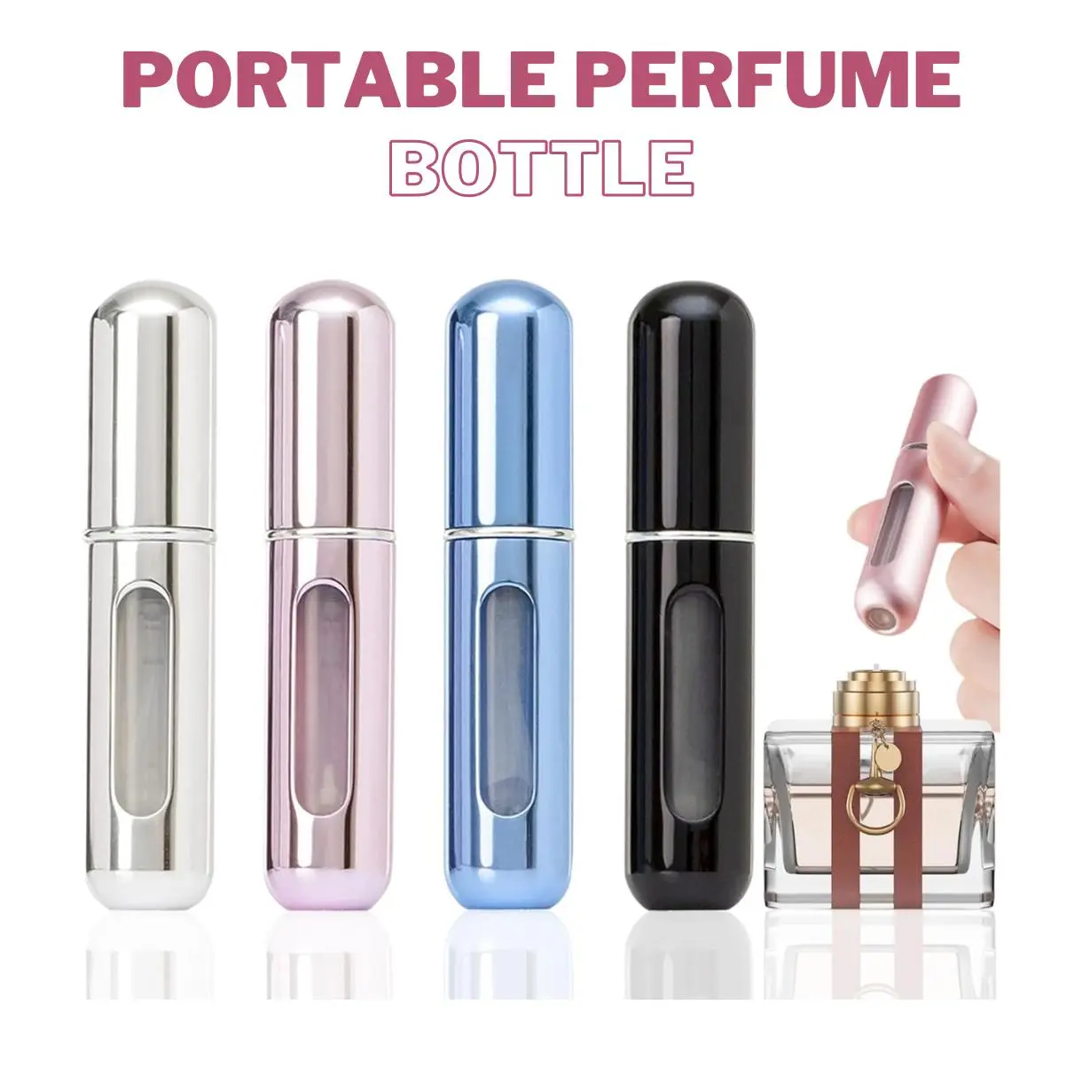 4 Pcs Mini Perfume Atomizer Refillable Bottle, 5ml Portable Bottom Fill Scent Dispenser, Leak-Proof Cologne Travel Spray Pump for Purse & Luggage (Silver/Pink/Blue/Black)