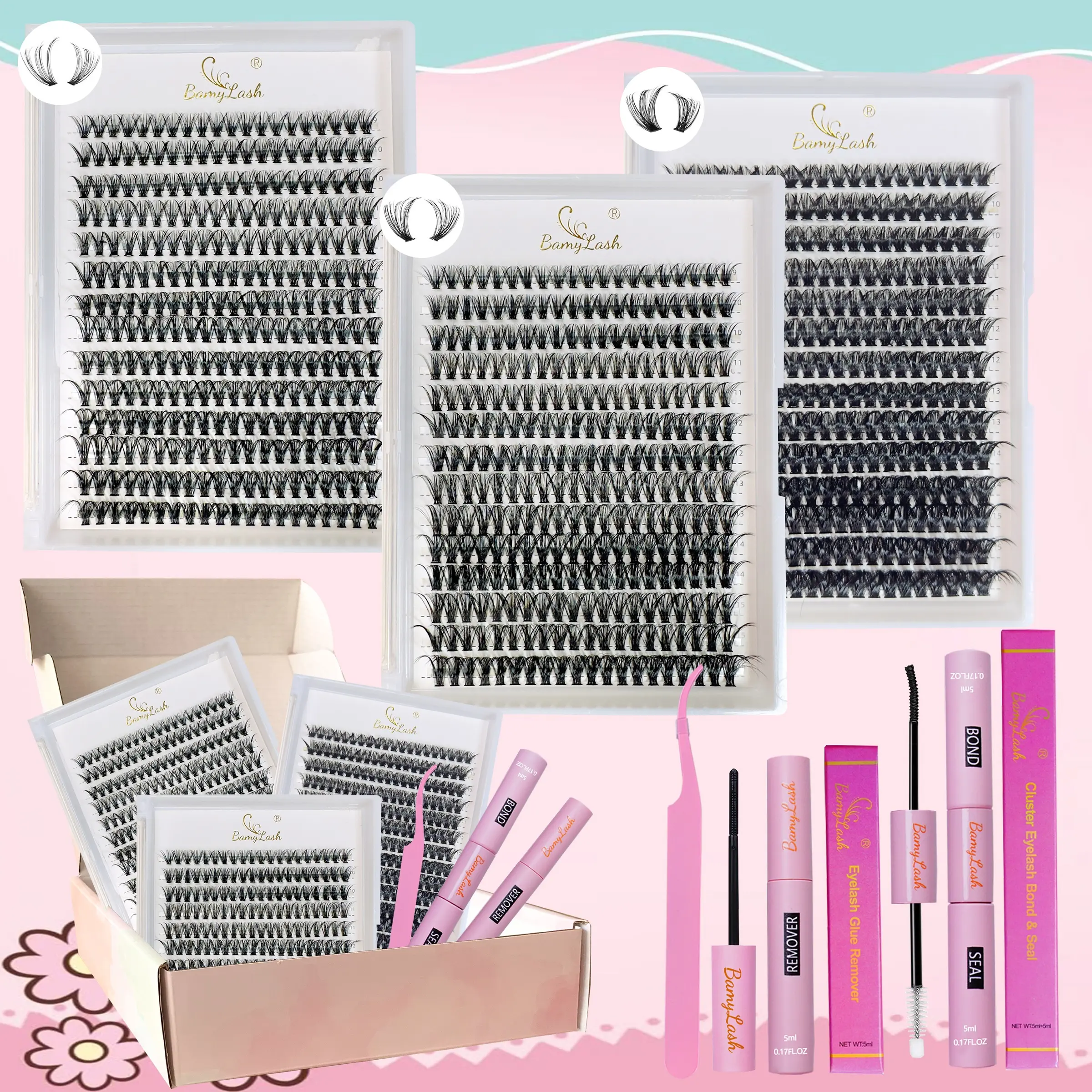 3 boxed with 30P 40P 60P Natural Fluffy Lash Clusters Synthetic Cluster Eyelash Kit with Bond Seal Remover Applicator lash brushes,Natural DIY individual cluster lash extension,perfect for home lash diy eyelash extension, DIY Eyelashes Clusters